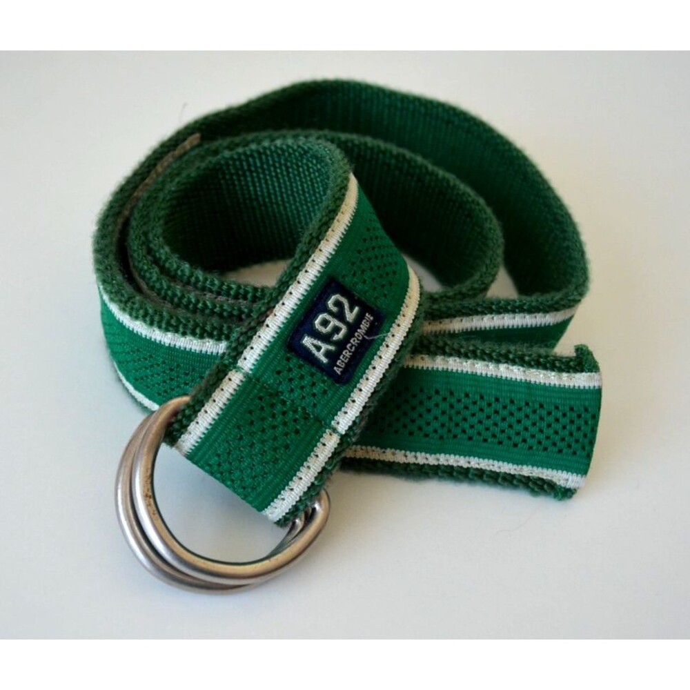 Y2K Abercrombie A92 Belt Canvas Cotton Web Kelly Green White D-Ring Adjustable